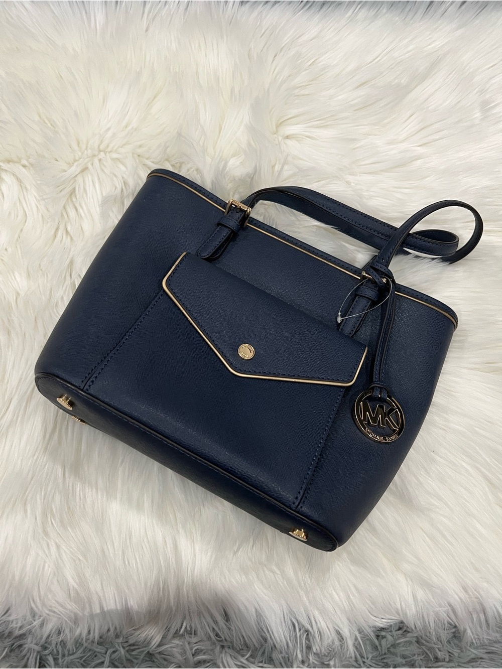 Michael Kors Navy Leather Satchel with Gold Hardware
